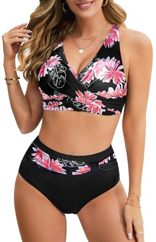 UMIPUBO Maillot de Bain Femme 2 Pièces Culotte Taille Haute Bikini Set Push Up Bikinis Sexy Col V Élégant Swimwear Ajustable Maillot de Plage (Fleur Rose, XL)