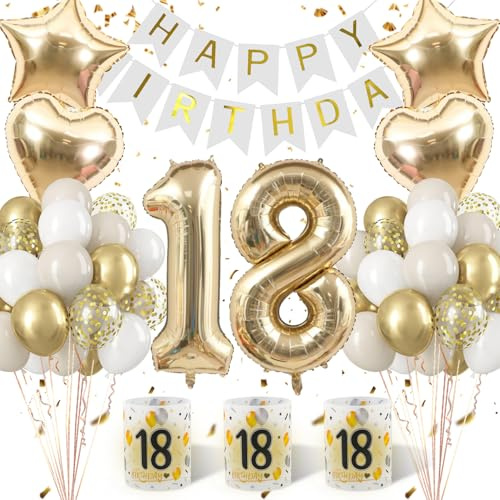18. Geburtstag Mädchen Deko Gold, Luftballons 18 Geburtstag Deko Gold Set | Geburtstagsdeko 18 Gold mit Girlande, Herz und Stern Ballons für Mädchen – Perfekt als Dekoration zum 18 Geburtstag