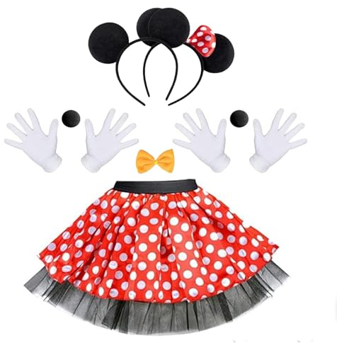 Damen Mouse Kostüm, Mouse Kostüm Damen Erwachsene - Rote Rock mit weiß Gepunktet, Haarreifen, Schleife, Handschuhe, Nase & Schwanz, Karneval Fasching Mottoparty Cosplay Kostüm