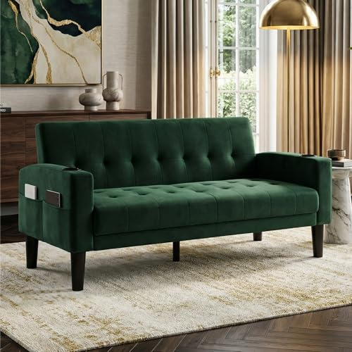 GRAVFORCE Sofa 2 Seater Comfy Upholstered Loveseat Sofa with Cup Holder Pocket Storage Small Sofas for Living Room Bedroom Office Green