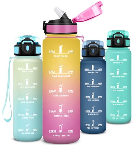 Mujigaga Gourde 1l, Anti Fuite Gourde Sport avec Paille, Facile à Nettoyer, Gourdes Motivationnelle, Verrou de Sécurité, Bouteille d'eau avec Marqueur de Temps pour Bureau, Gym, Camping, Extérieur