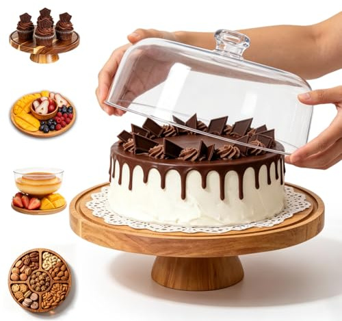 FARYODI Alzata per torte con coperchio, supporto per torte con piede, multifunzionale in legno, espositore per dessert per matrimoni, feste, regali da forno, piatti di frutta e salame