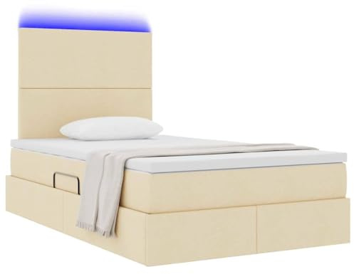 vidaXL Bett mit Stauraum und LED mit LED Creme 120 x 190 cm Polyester, Moderner rechteckiger Stauraum-Bett, hydraulischer Lift, Metallrahmen, LED und unter Bett