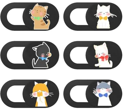YIPFEN Copri Webcam Gatto Confezione da 6 in Plastica Scorrevole – Protezione Privacy Anti-Spionaggio per Laptop, PC, Tablet, Smartphone, Massima Sicurezza.