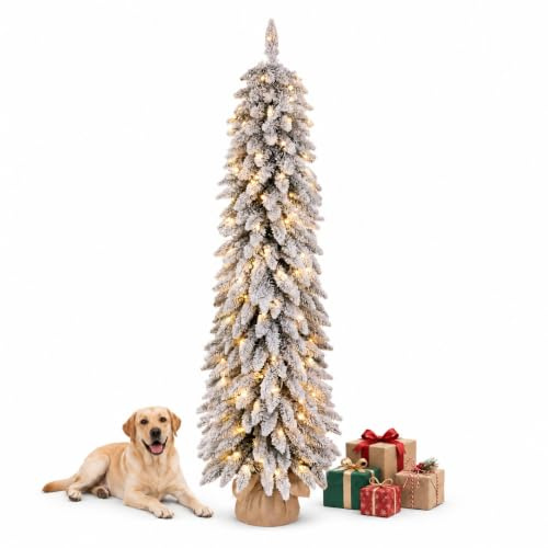 Yorbay 150cm Slim Künstlicher Weihnachtsbaum: mit 150 LED-Beleuchtung | Premium Tannenbaum mit 296 Spitzen und Schneebeflockung - Schlankes Design für Ecken und Kleine Räume - Zuhause Büro Geschäft