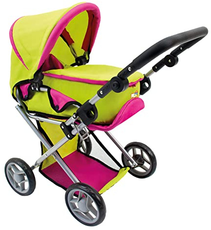 Bino world of toys Puppen-Buggy mit Tasche, Spielzeug für Kinder ab 3 Jahre (Puppenwagen inkl. Hängetasche & Einkaufsnetz, Verstellmöglichkeit von Kopf- & Fußteil, Zusammenklappfunktion) Grün