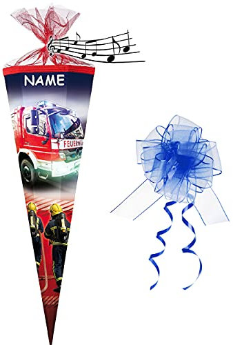alles-meine.de GmbH Sound Modul ! - Schultüte - Feuerwehr Auto - 70 cm - rund - incl. Namen und Schleife - Tüllabschluß - Zuckertüte - mit/ohne Kunststoff Spitze - für Ju..