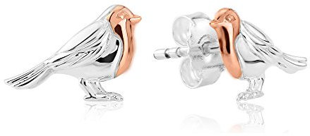 Gemma J Solid 925 Sterling Silver Robin Bird Stud Earrings with 14ct Rose Gold Breast