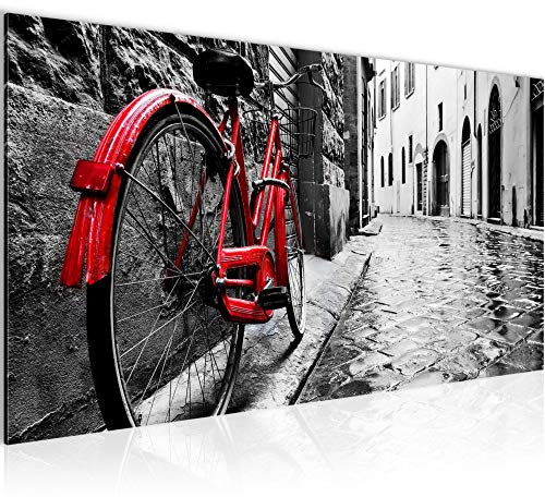 Runa Art Wandbild Fahrrad 1 Teilig 100 x 40 cm Modern Bild auf Vlies Leinwand Retro Wohnzimmer Schlafzimmer Grau Rot 004712a