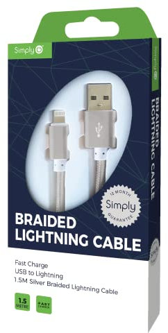 Simply ICIP06 USB to Lightning 1.5 m Long Braided Charging Cable for iPhone 11/SE/12/13+Pro, iPad/Air/Pro/Mini and Other Apple Devices, Silver