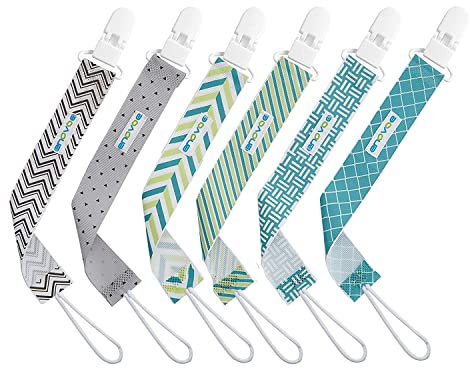 Enovoe Schnullerclip - Stylischer Beißringhälter für Baby Jungen und Mädchen, Schnullerkette mit Silikonring - Sicherheitsgurt Baby Spielzeug Befestigung - 6er-Pack