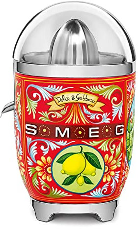 Smeg, Spremiagrumi Elettrico CJF01DGEU, Spremitura a Pressione Manuale, Beccuccio Antigoccia e Cono Universale, Base Antiscivolo, Avvolgicavo Integrato, 70W, Dolce & Gabbana