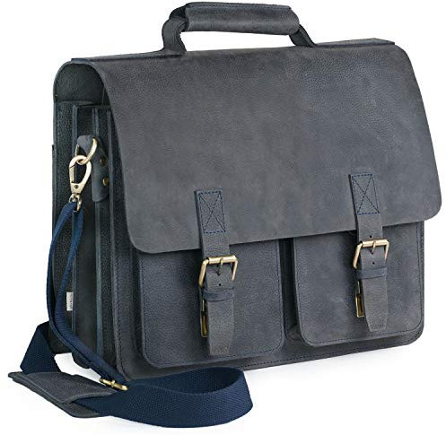 Jahn-Tasche – Sehr Robuste Aktentasche/Lehrertasche Größe L aus Büffel-Leder, Blau-Schwarz, Modell 420-n