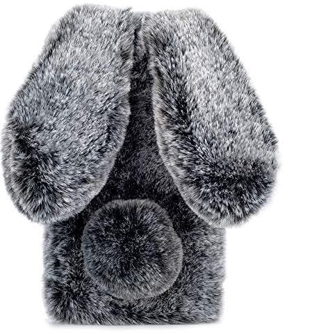 HongHushop Cute Rabbit Case Plush Cover for iPhone 5 5S SE Case Super Soft Warm Fluffy Furry Bunny Ears Shockproof Back Case Cover Chic Bling Crystal Diamond Bowknot Case -Dark grey