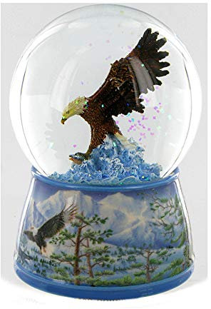 Animierte Musik-Schneekugel aus Glas mit Spieluhr/Spieldose/Musikdose/Musikbox, Weißkopfseeadler, Glitzer und 18-Ton-Federspielwerk - Over The Waves (Juventino Rosas)