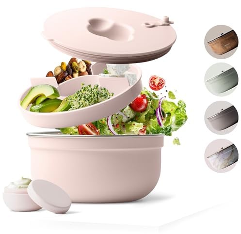 MAMEIDO Salatbox to go auslaufsicher 1,5 l (Blush Kissed) | aus Edelstahl, BPA-frei, Lunchbox mit separatem Dressingbehälter, Bento Box mit Fächern für Salat & Meal-Prep