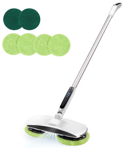 GOBOT Balai électrique avec têtes de Balai motorisées à Double Rotation, léger et Rechargeable, 4 tampons en Microfibre et 2 tampons à récurer, pour Le Nettoyage des sols en Bois Dur/Salle de Bain