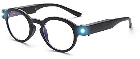 SKYWAY Lesebrille mit LED-Licht, Runde Lesebrille, Blaulicht Schutzbrille Spielbrille mit USB Wiederaufladbare fur Frauen Männer, Blendschutz UV-Schutz, Schwarz