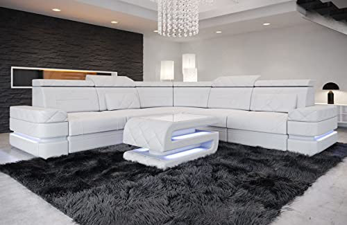 Ledersofa Positano in L-Form als Ecksofa mit LED Beleuchtung Couch mit Kopfstützen modernes Sofa (White)