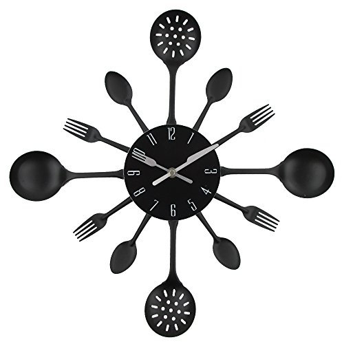 Timelike Wall Clock, 16 Metal Kitchen Cutlery Utensil Spoon Fork Wall Clock Creative Modern Home Decor Antique Style Wall Watch (Black-Black)
