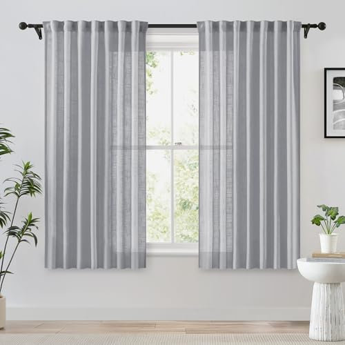 Fmfunctex Grey Pencil Pleat Sheer Curtains for Bedroom 54 Drop Linen Textured Eyelet Curtains for Living Room Semi Sheer Light Filtering Window Curtain Drapes for Dining Room 2 Panels