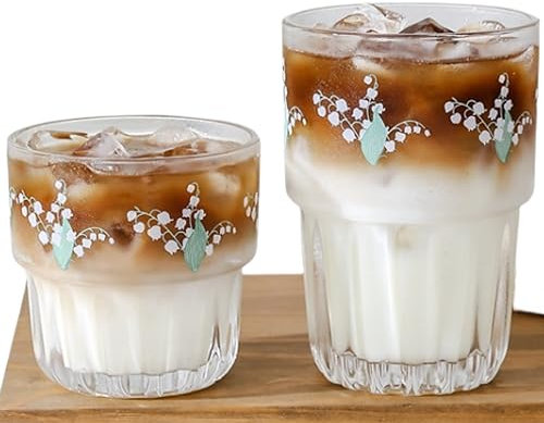 Paquete de 2 vasos de vidrio de lirio del valle, vasos apilables para agua, bebidas mezcladas, jugo, cerveza, vino, cócteles, bebidas, té helado, café y leche (verde)