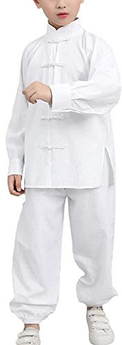 Libaobaoyo Boys Girls Chinese Kung Fu Suit Cotton Linen Breathable Traditional Martial Arts Outfit (White, 12-13 Years)