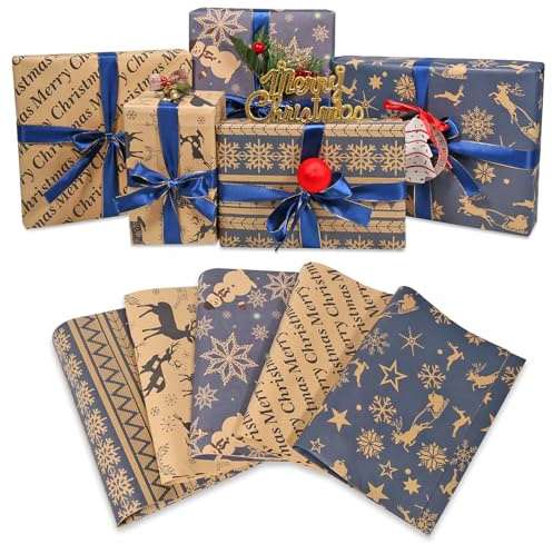 Christmas Wrapping Paper Set, 10 Pack Folded Sheets (5 Designs, 2 Each) 70x50cm – Kraft & Navy Gift Wrap Paper with Reindeer and Snowflake Prints – Recyclable Xmas Wrapping for Gifts & Holidays