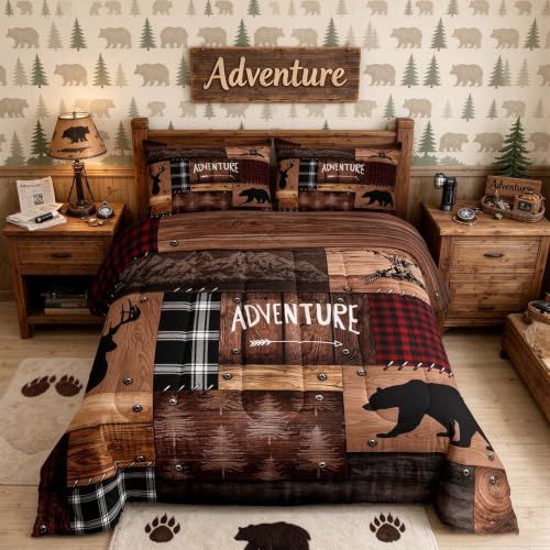 Cabin Home Bettdecken-Set, King-Size-Größe, Jagd, Bär, Hirsch, Tiermotiv, Gesteppte Bettdecke, 3-teilig, für Jungen, Männer, Teenager, Kinderzimmer, Schlafzimmer, Dekoration, braunes Holz, rustikaler