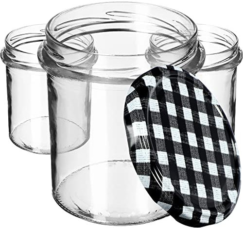 KADAX Lot de 100 pots à confiture 350 ml, avec couvercle à visser, pots à miel, pots de conservation pour champignons, confitures, miel (carreaux noirs)