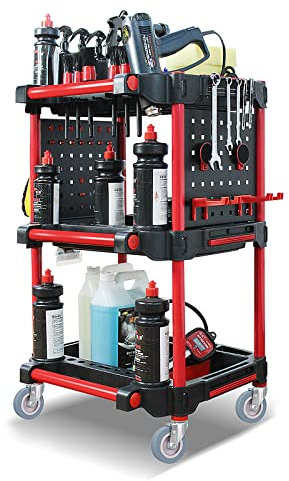 3 Tier Rolling Utility Detailing Tool Cart Organizer, Car Wash Detail Trolley with Side Hanging Plate & Hooks, for Mechanics & Detailers During Repairs Car Wash/Wax Mobile Utility Cart