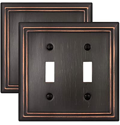 ZILLSEA Placa de pared de doble interruptor de palanca, cubierta decorativa de bronce envejecido, cubierta de placa de interruptor de metal, 2 bandas, paquete de 2