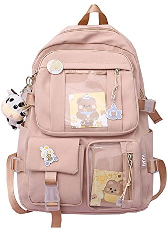 Sac à dos kawaii avec pendentif, grande capacité, motif ours mignon, sac à dos pour école, sac à dos multi-poches pour adolescentes, sacs à dos d'école kawaii mignons, rose,