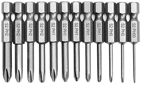 Mesee 12 Punte per Cacciavite a Croce Phillips Magnetiche PH00 PH0 PH1 PH2 con Asta Esagonale da 6.35mm, 50 mm Punte Cacciavite Gambo Esagonale in Acciaio S2 Accessori per Utensili Trapano Elettrici