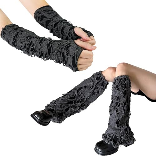 Luwint Punk Fingerlose Lange Handschuhe & Shabby Beinwärmer Ripped Gothic Arm Bein Ärmel Zerrissen Punk Kleidung Kostüm Zubehör, Handschuhe+Stulpen, Einheitsgröße
