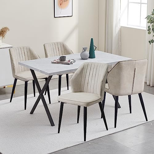 CLIPOP Esszimmergruppe Esstisch mit 4 Stühlen, Küchentisch und Gepolsterter Esszimmerstühle mit Armlehne für Restaurant Esszimmer Küche (Kunstleder Beige Stuhl, Grau Tisch 140 X 80 X 75 cm)