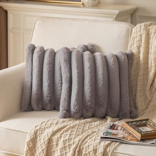 Yaertun 2er Set gestreifte Kissenbezug 60x60cm Grau dekorative Kissenbezüge Sofakissen Dekokissen Wurfkissenbezug zierkissenbezug plüsch Kunstfell Kissenhülle Schlafzimmer Wohnzimmer
