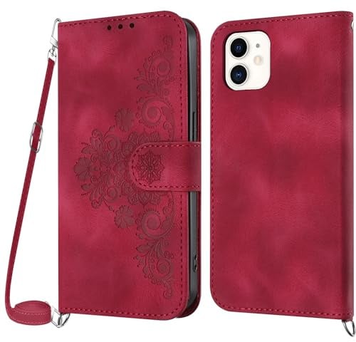 NETANY Funda para iPhone 12 Mini con Cuerda, Flip Billetera Funda Tapa Libro PU Cuero con Ajustable Cordón,【2 Ranuras】【Magnética】,Funda para iPhone 12 Mini (5,4 Pulgadas) Cuerda (Rojo)