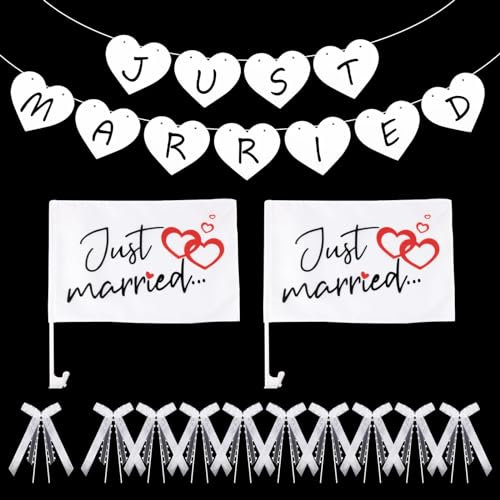 BOFUNX 2 Stücke Hochzeit Autoflagge + Just Married Hochzeitsbanner + 10 Stücke Autoschleifen Hochzeit Braut Autoschmuck Hochzeitdeko Car Auto Wedding Dekoration