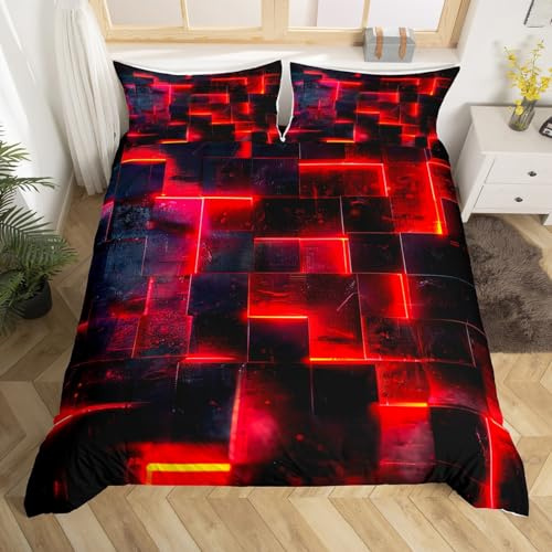Homewish Schwarz und Rot Bettbezug für Einzelbett, modern, abstraktes Einzel-Bettwäsche-Set, 3D-leuchtendes Karomuster, Bettdeckenbezug, Farbverlauf, Gitter-Bettwäsche-Set, neoneckig, 2-teilig