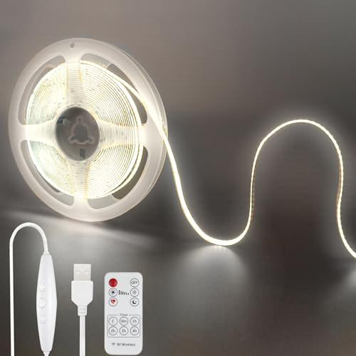 Clearhill 5V USB COB LED Strip Lights mit Remote Dimmable Switch, 9.84FT / 3M, Cool White 6500K, 320LEDs / M, 8mm Breite, Nicht wasserdicht IP20, 1.5M USB-Schalterkabel