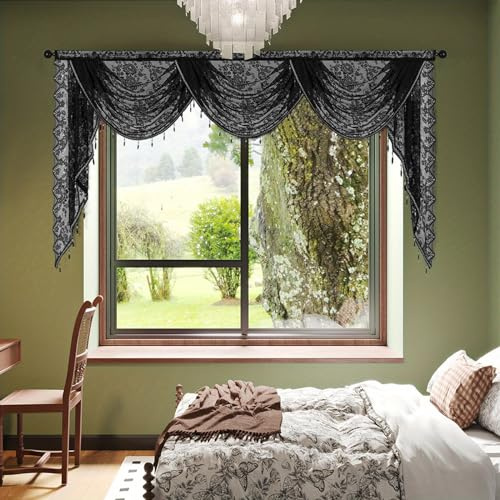 Huierxun Fenstervolant aus durchscheinender Spitze, Wasserfall-Volant mit Perlenquasten, Blumenstickerei, halbdurchsichtig, für Schlafzimmer/Wohnzimmer/Küche/Keller (Schwarz, 250 x 104 cm)