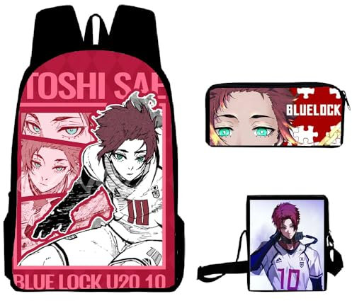 Xinchangda Blue Lock Rucksack 3-teiliges Set, Anime Isagi Yoichi/Seishiro Nagi/Reo Mikage Schulrucksäcke Anime Studenten Schultasche + Federmäppchen + Schultertasche, Itoshi Sae, 30*13*40cm