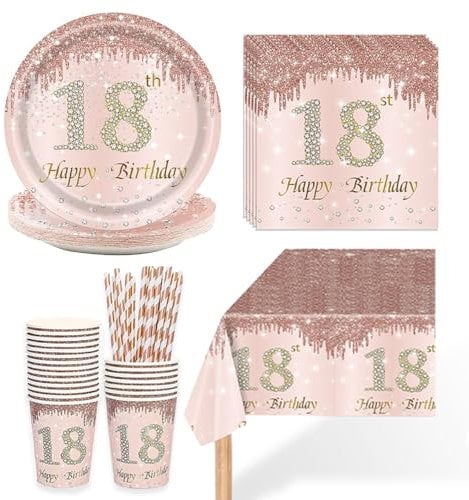 Kaseryao Deko 18. Geburtstag Mädchen, 18 Geburtstag Happy Birthday Partygeschirr Set, Pappgeschirr Set für 16 Gäste, Enthält Pappbecher, Pappteller, Papierstrohhalme, Servietten, Tischtücher