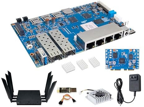 Banana Pi BPI-R4 WiFi 7 Wireless Dual-Band WiFi Router Board OpenWRT mit MediaTek MT7988A (Filogic 880) SoC, unterstützt 2X 10GbE SFP und 4X GbE Gigabit Ethernet für NAS Smart Home Gateway (Bundle3)