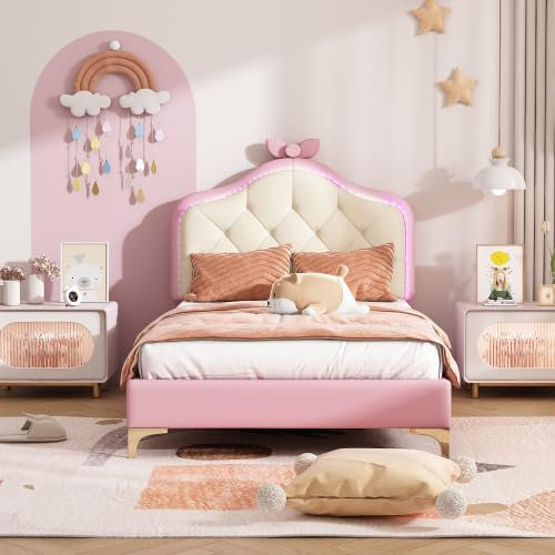Modernes Polsterbett Mit Mehrfarbigen Led-lichtern, Stilvolles Kinderbett Mit Dekorativer Schleife Und Wellenförmigem Kopfteil, Für Kinder (matratze Nicht Im Lieferumfang Enthalten).