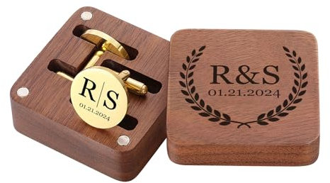 MeMeDIY Personalisierte Manschettenknöpfe Krawattenklammer-Set mit Gravierter Walnussbox Individuelle Manschettenknöpfe Gravierte Initialen Hochzeitsmanschettenknöpfe für Trauzeugen/Papa B2
