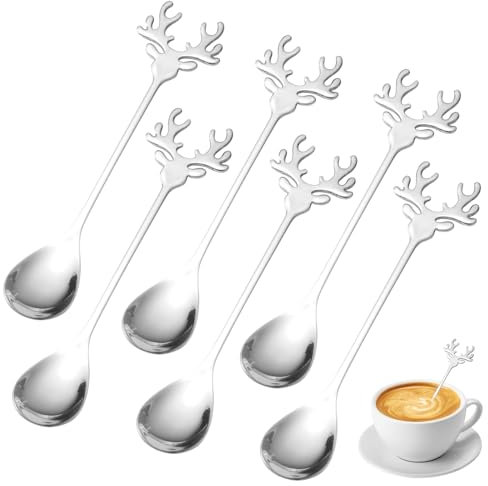 6 Stück Elch Löffel Edelstahl Löffel Weihnachtslöffel, MilchteeKaffee Zuckerlöffel Für Kaffee, Eisportionierer, Kreatives Kaffeelöffel-Set aus Edelstahl teelöffel (Silber)
