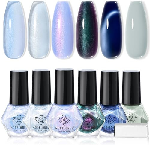 Modelones Nail Polish Set 6 Colors Silver Glitter Blue Nail Polish Set Quick Dry Gray Nail Varnish Finger Manicure DIY Nail Art Salon Home For Women