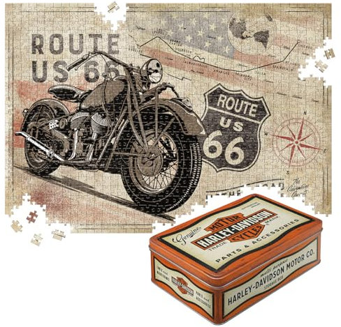 Nostalgic-Art Retro Puzzle 1000 Teile, 68 x 48 cm, Route 66 – Bike Map H-D Accessories – Geschenk-Idee für Amerika-Fans, für Erwachsene, in Vintage-Metalldose als Geschenkverpackung